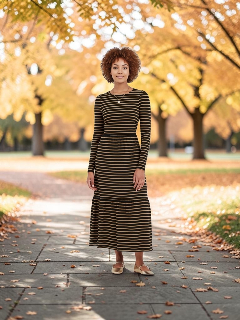 Boden Emma Black and Tan Striped Long-Sleeve Tiered Midi Dress